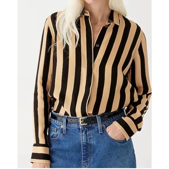 J. Crew Tops - J Crew Shirt Womens Size 6 Tan Black Stripe Classic Fit Cupro Blend